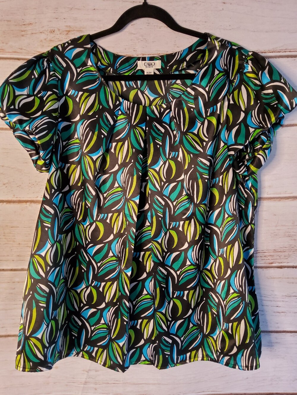 Cato Leaf-Print Flutter Sleeve Top in Teal, Lime & Black 14/16W